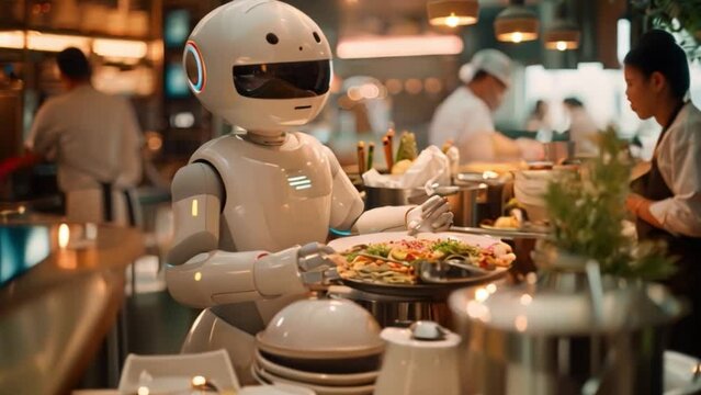 Artificial intelligence robots as waiters in restaurants using robot servers is the future impact of AI. AI-powered robots and kitchen helpers are revolutionizing food preparation.