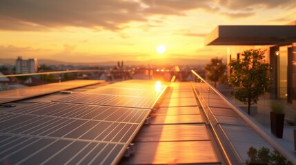Fototapeta premium A rooftop covered with solar panels, basking in the golden hues of sunset, symbolizing the promise of renewable energy.