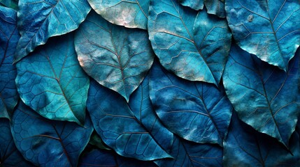 Detailed view of a vibrant blue and green leaf captured up close, showcasing its intricate patterns and colors