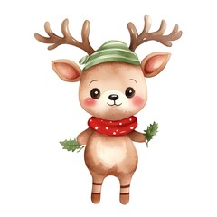 Cute cartoon reindeer with christmas hat and scarf.