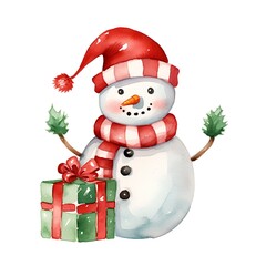 Fototapeta premium Watercolor snowman with christmas gifts. Hand drawn illustration isolated on white background