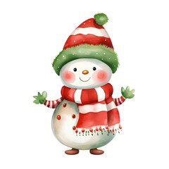 Fototapeta premium Watercolor cute snowman in red hat and scarf isolated on white background