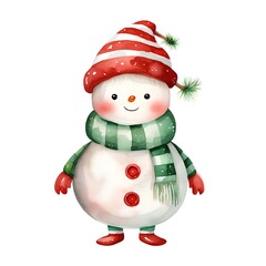 Fototapeta premium Watercolor snowman in red hat, scarf and scarf isolated on white background.
