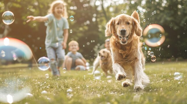 An energetic dog chasing bubbles while the family watches and laughs together in the garden on a sunny day.