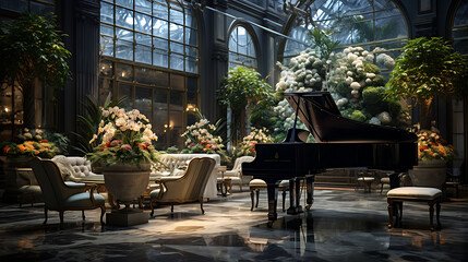 Luxury hotel lobby with marble floors, towering floral arrangements, and a grand piano,