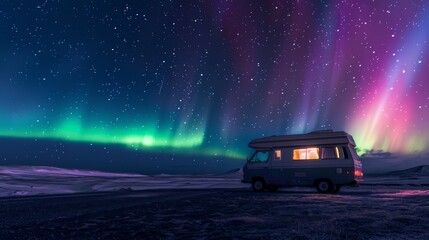A camper van parked under the Northern Lights, illuminating the night sky with vibrant colors. - obrazy, fototapety, plakaty