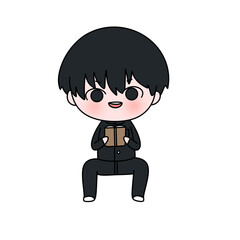 A cartoon boy is sitting on the floor reading a book