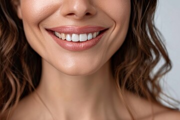 Obraz premium Smiling woman showcasing her newly enhanced lips after receiving Botox injections, exuding satisfaction and beauty.