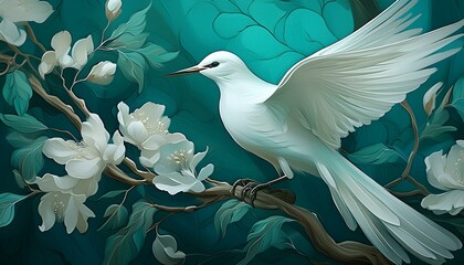 Obraz premium Beautiful white bird with teal background painted