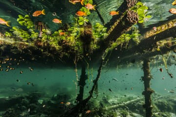 Witness the beauty of nature's resilience as a submerged forest teems with life, with colorful fish weaving among the branches, Generative AI
