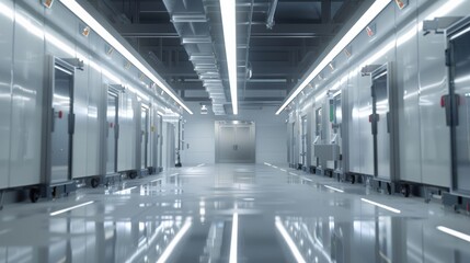 Interior of a modern meat freezing warehouse with state-of-the-art refrigeration systems, showcasing advancements in food preservation technology.