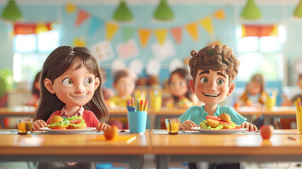 Cheerful happy cute funny students kids eat in school cafeteria, dining room, canteen, childhood boy and girl education fruits and vegetables.