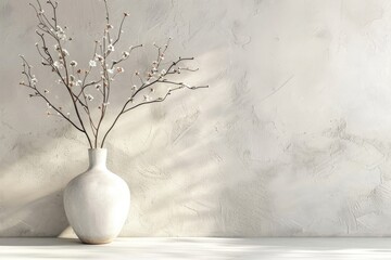 Interior background of room with stucco wall and vase with branch 3d rendering