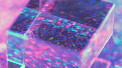 Defocused cube. Colorful bokeh. Glass prism neon pink blue circles glowing reflects purple...