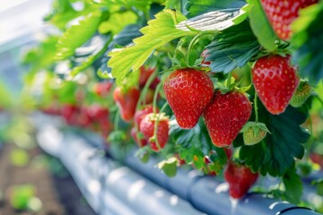 Hydroponic strawberries flourishing in a controlled environment, highlighting efficient water usage in farming. - Powered by Adobe