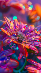 A close up of colorful flowers with water droplets.