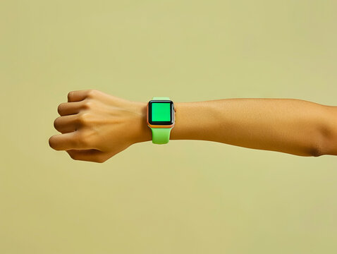 A woman holding an apple watch with green screen.