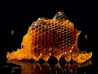 Piece of honeycomb with honey falling.Black background