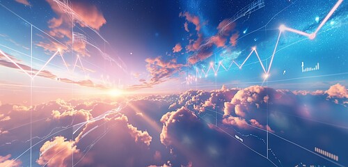 A panoramic view of a virtual reality interface, with a graph line ascending through digital clouds against a dynamic, azure sky background.