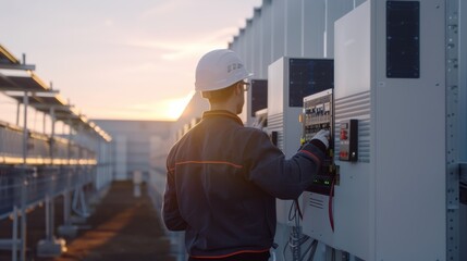 Engineer conducting maintenance checks on inverters and wiring connections in a large-scale solar installation.