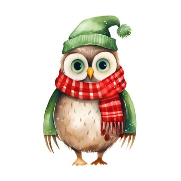 Watercolor owl with scarf and hat isolated on white background. Christmas illustration.