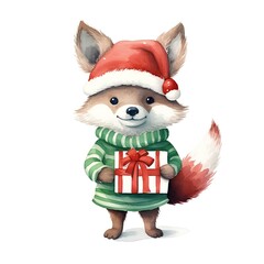 Cute cartoon fox with christmas gift. Watercolor illustration.