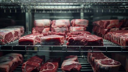 Close-up of meat cuts arranged neatly on shelves inside a commercial freezing room, highlighting food preservation techniques.