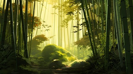 Bamboo forest in a foggy morning. Panoramic image.