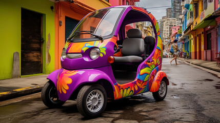 Small electric car for two people, multicolored.