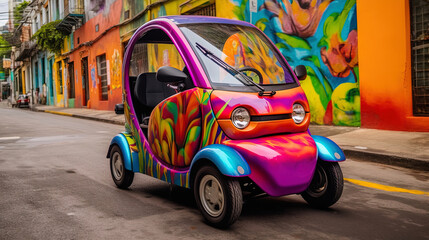 Small electric car for two people, multicolored.