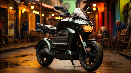 Futuristic design of a multicolor electric motorcycle for the city