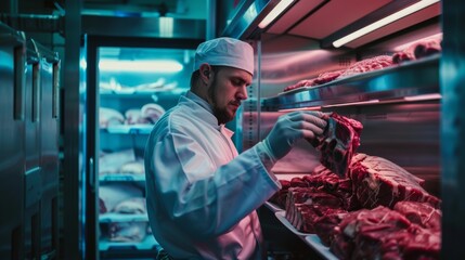 Butcher arranging trays of fresh meat cuts on racks inside a walk-in freezer, maintaining quality and hygiene standards. - Powered by Adobe