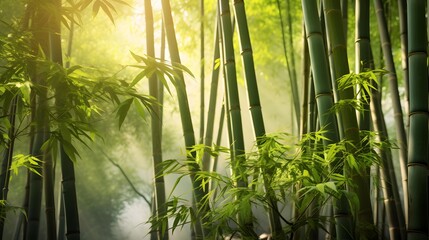 Bamboo forest in a foggy morning. Panoramic view