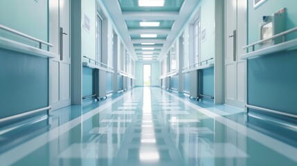 A hospital corridor with a slick floor that reflects the overhead lighting. 