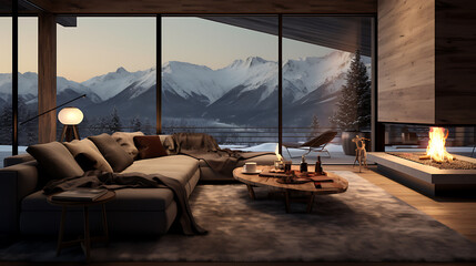Minimalist alpine lodge with a panoramic view of the mountains, a fireplace, and cozy fur rugs,