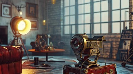 The old movie projector on table.