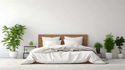 Minimalist bedroom with white bedding and green plants,