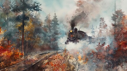 Artistic watercolor showing an old railroad with a steam locomotive emerging from a misty autumn forest, the steam mingling with fog