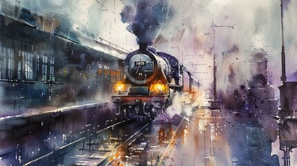 Atmospheric watercolor depicting a steam train through a misty, rain-soaked station, reflections on wet tracks adding depth and mood