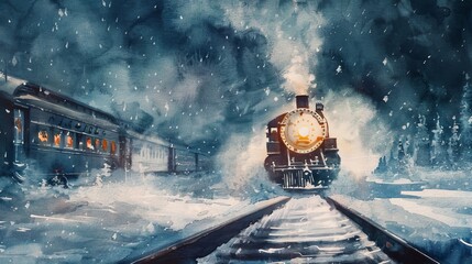 Dynamic watercolor depicting a diesel train steaming past a sleepy village, framed by golden autumn trees under the soft light of streetlamps