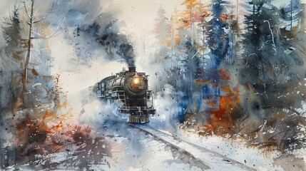 Dynamic watercolor of a diesel locomotive emerging from a misty, snow-speckled forest, the colors of autumn peeking through the haze