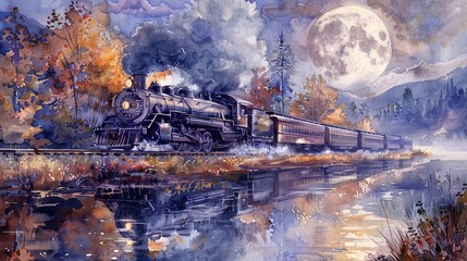 Dynamic watercolor of a diesel train emerging from a foggy winter morning, the icy mist and steel tracks creating a mysterious atmosphere