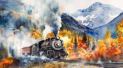 Dynamic watercolor scene of a steam train passing over a bridge, the river below reflecting the fiery autumn foliage