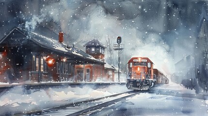 Gentle watercolor capturing the moment a diesel train stops at a station during a soft snowfall, the quiet scene evoking peace and stillness