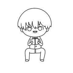 A cartoon boy is sitting on the floor and holding a book