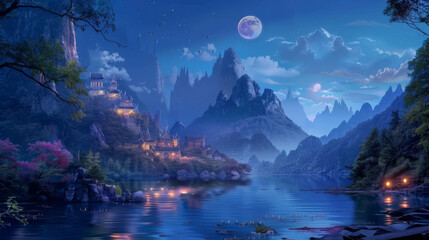 A breathtaking digital art scene depicting a serene fantasy landscape with illuminated castles under a full moon.