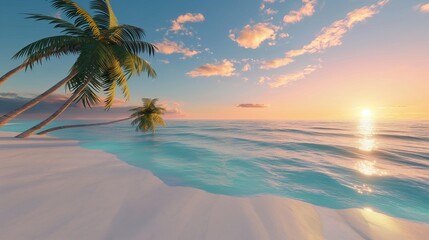 A serene, virtual beach scene, the sand a perfect white, and the water a crystal clear blue, with digital palm trees swaying gently in the breeze against a sunset-colored sky. 
