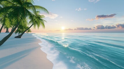 A serene, virtual beach scene, the sand a perfect white, and the water a crystal clear blue, with...