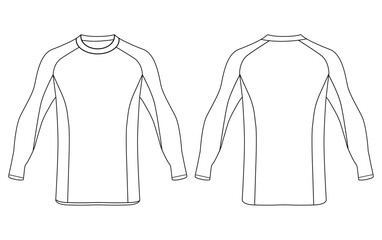 A set of technical drawings of a men's sports fulsweatshirt and rash guard. Vector template of male rash guard front and back view vector design