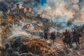 Capture the intricate details of a historic battle scene using the elegant structure of a sonnet in a watercolor painting, highlighting the bravery and sacrifice of soldiers - obrazy, fototapety, plakaty